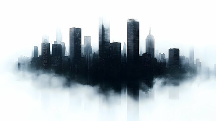 A silhouette of a modern city skyline emerges from a thick layer of fog, creating a surreal and ethereal atmosphere.