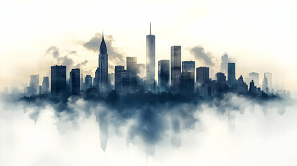 Obraz premium A silhouette of a modern city skyline floating above a sea of clouds, with a bright, hazy sky above.