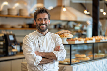 Fototapeta premium Chef standing in a restaurant kitchen with hands crossed