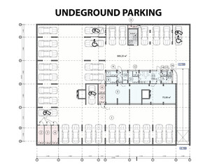 Vector architectural project of a multistory building basement with underground parking