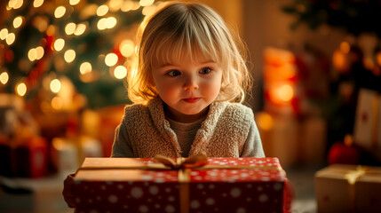 Excited toddler with Christmas gift in cozy festive setting at home.