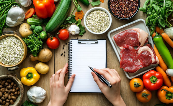 Hands write a grocery list on a notepad surrounded by fresh ingredients and raw meat.