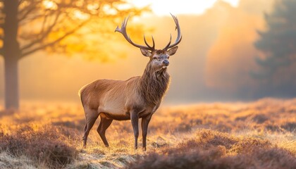 Majestic Red Deer Stag with Large Antlers Stands in Golden Morning Light on a Misty Heath