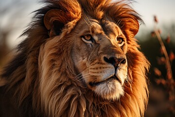 Naklejka premium A regal lion resting on the savannah, its golden mane illuminated by the sun