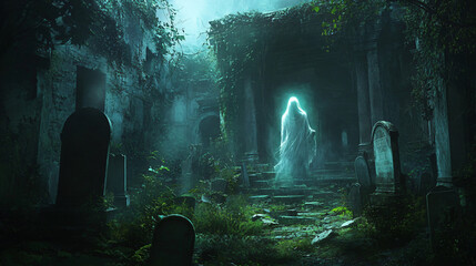 A ghost with a glowing aura, drifting through an overgrown, abandoned cemetery with cracked headstones and creeping vines.