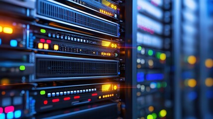 Server Rack with Blinking Lights in Data Center