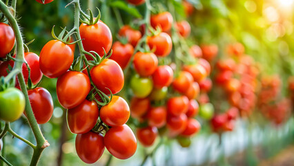 Obraz premium Fresh tomatoes hanging on a vine, fresh, ripe, organic, produce, close-up, agriculture, garden, healthy, red, juicy, farm