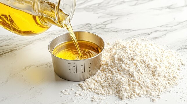 Pouring Oil Into Measuring Cup With Flour on Marble Surface