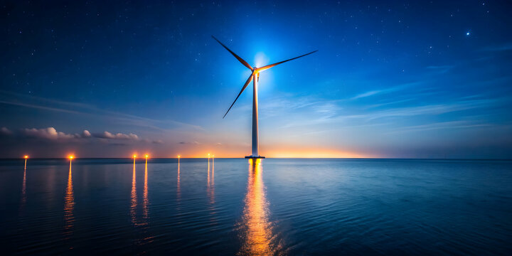 Offshore windmill glowing in the dark sea at night, offshore, windmill, sea, night, dark, glowing, energy, renewable