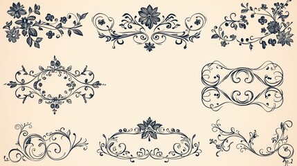Floral Swirls and Ornate Design Elements   Black and White Vector Illustration
