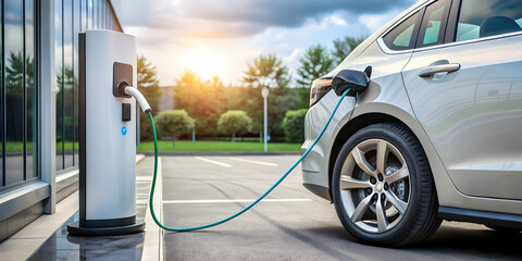 Electric car charging at station with connected charging cable, Electric vehicle, EV, charge, station, recharge
