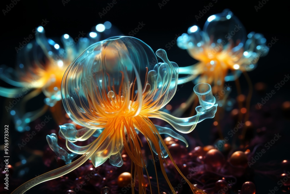 Poster bioluminescent plankton illuminating the ocean surface, creating a magical glow in the water