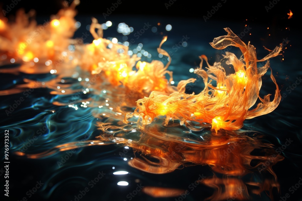 Poster bioluminescent plankton illuminating the ocean surface, creating a magical glow in the water