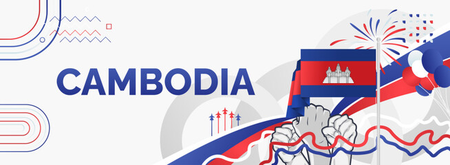 Cambodia National Day background with raised fist and abstract shapes in flag colors, blue, red and white. Creative templates for independence day greeting card, sporting event, and horizontal poster