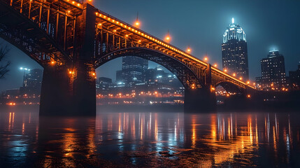 Fototapeta premium A steel bridge illuminated by streetlights, spanning a misty river with a cityscape in the background.