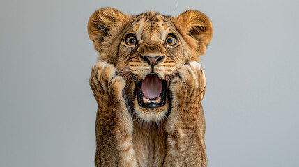 A surprised lion with its mouth wide open, placing both front paws on its face in shock, isolated...