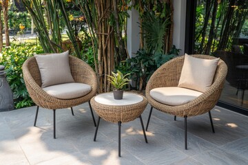Fototapeta premium Indoor and outdoor furniture and accessories made from Rattan Plastic Wicker or Wooden Materials for hotels and homes with artistic ethnic and modern elegance