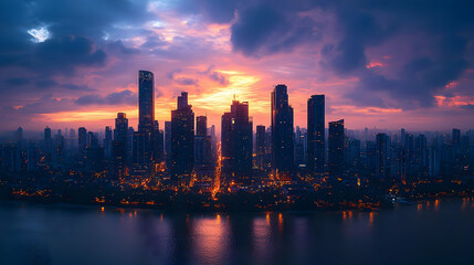 Fototapeta premium A stunning aerial view of a city skyline at sunset, with a river flowing through the city. The sky is ablaze with vibrant colors, casting a warm glow over the cityscape.