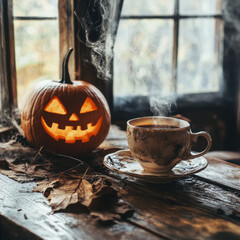A cozy Halloween scene featuring steaming cup of tea beside carved pumpkin, creating warm and inviting atmosphere. rustic wooden table adds to charm