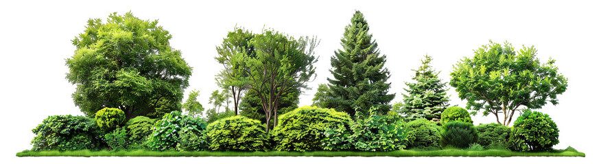 Green park landscape with bushes and trees, cut out