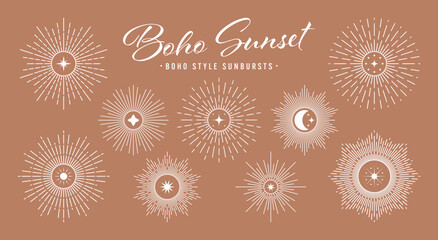 Vintage sunburst, sunset beams collection. Boho style, modern minimalist bohemian design. Hand drawn bursting sun, light rays. Logotype or lettering design element in retro style. Vector illustration