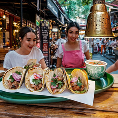 Fototapeta premium A close-up of elevated street food, featuring tacos with exotic fillings like duck confit, served on a chic ceramic plate in a trendy urban eatery with neon lights and graffiti walls.