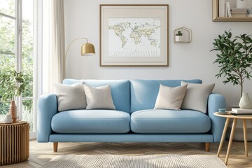 Interior of stylish scandinavian living room with design mint sofa, furnitures, mock up poster map, plants, and elegant personal accessories. Home decor. Interior design. Template. Print-ready.
