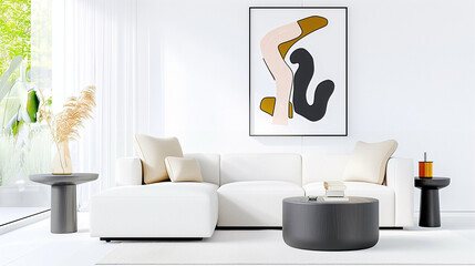 Modern living room interior design with minimalist sofa and stylish decor
