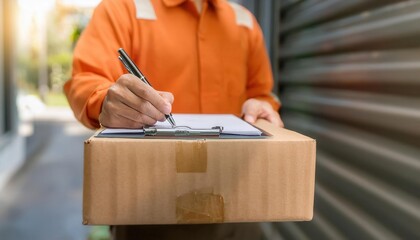 Delivery person signing for a package.
