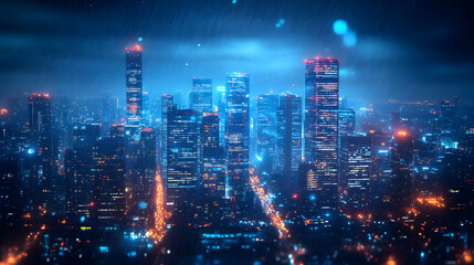 A stunning aerial view of a futuristic city skyline at night with neon lights and a rain effect.