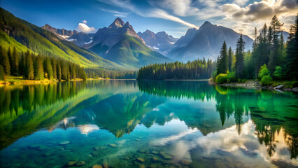 Serene lake nestled in the majestic mountains , nature, landscape, tranquil, reflection, wilderness, outdoors, scenery