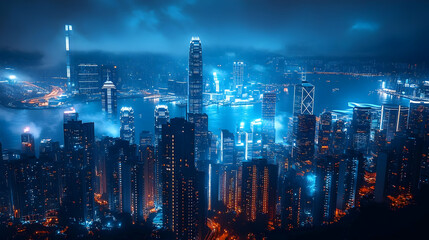 Obraz premium A stunning aerial view of a modern city skyline at night, with skyscrapers illuminated in blue and orange lights.
