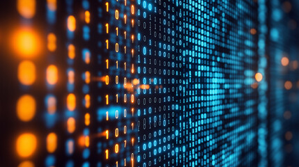 Obraz premium Glowing blue and orange data streams flowing in a futuristic digital landscape.