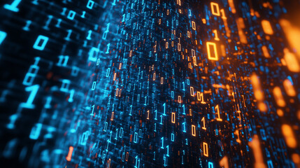 Obraz premium Glowing blue and orange data streams flowing in a futuristic digital landscape.