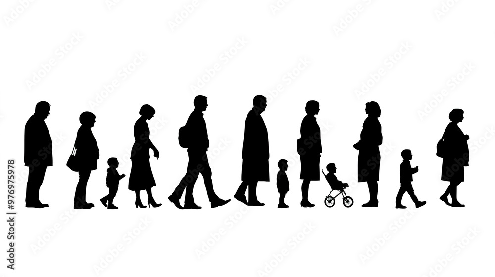 Wall mural Silhouette of people in various stages of life against a white background. 