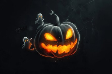 Modern Halloween Wallpaper with a Stylized Pumpkin at the Center and Subtle Ghosts and Cobwebs