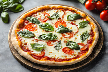 This perfect Margherita pizza features a crisp, golden crust topped with a vibrant tomato sauce, fresh, creamy mozzarella, and fragrant basil leaves