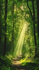 Obraz premium A serene forest path bathed in sunlight, showcasing the beauty of nature and tranquility within lush green surroundings.