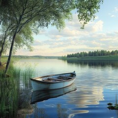 A serene landscape featuring a tranquil boat floating on calm waters surrounded by lush greenery and a beautiful sky.