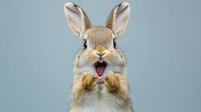 A surprised rabbit with its mouth wide open, placing both front paws on its face in shock, isolated on a simple background