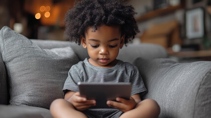 Adorable young child sitting comfortably on a sofa, engaged with a tablet screen in a cozy home environment, learning or playing with technology