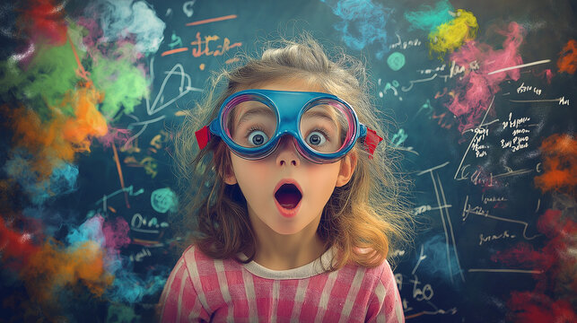 Surprised young girl in a science lab wearing colorful goggles with smoke in the background.