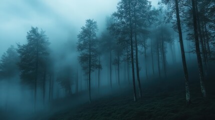 Mystical forest shrouded in fog, with tall trees creating an ethereal atmosphere. Perfect for themes of nature and tranquility.