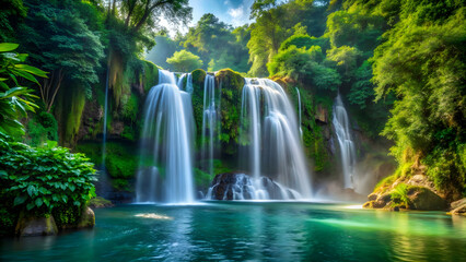 Obraz premium Majestic waterfall with cascading water, surrounded by lush greenery, waterfall, majestic, nature, scenic