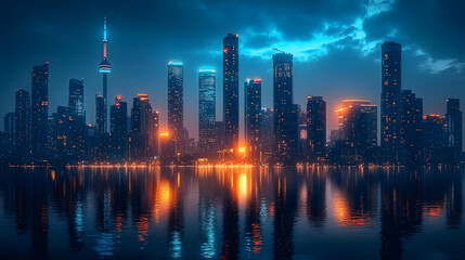 Naklejka premium A stunning cityscape at dusk with tall skyscrapers reflected in the water.