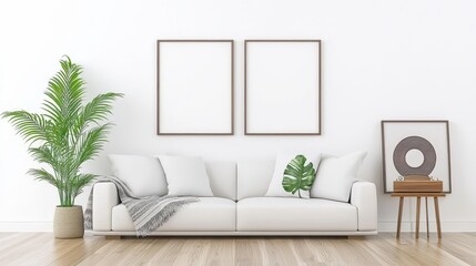Minimalist Living Room with White Sofa  Palm Tree  and Empty Frames