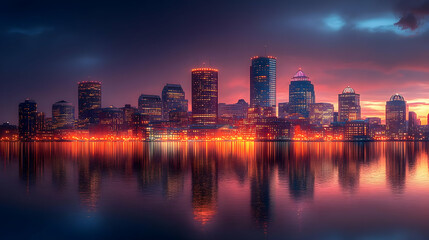 Fototapeta premium A stunning cityscape at sunrise with the city skyline reflecting in the water.