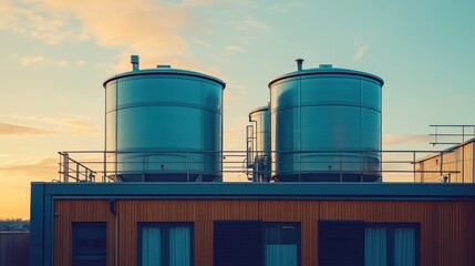 Obraz premium Two large water tanks on a rooftop during sunset, showcasing industrial design against a colorful sky.