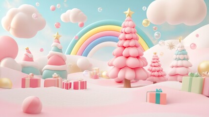 3D cartoon style, candy land background with Christmas trees and gifts