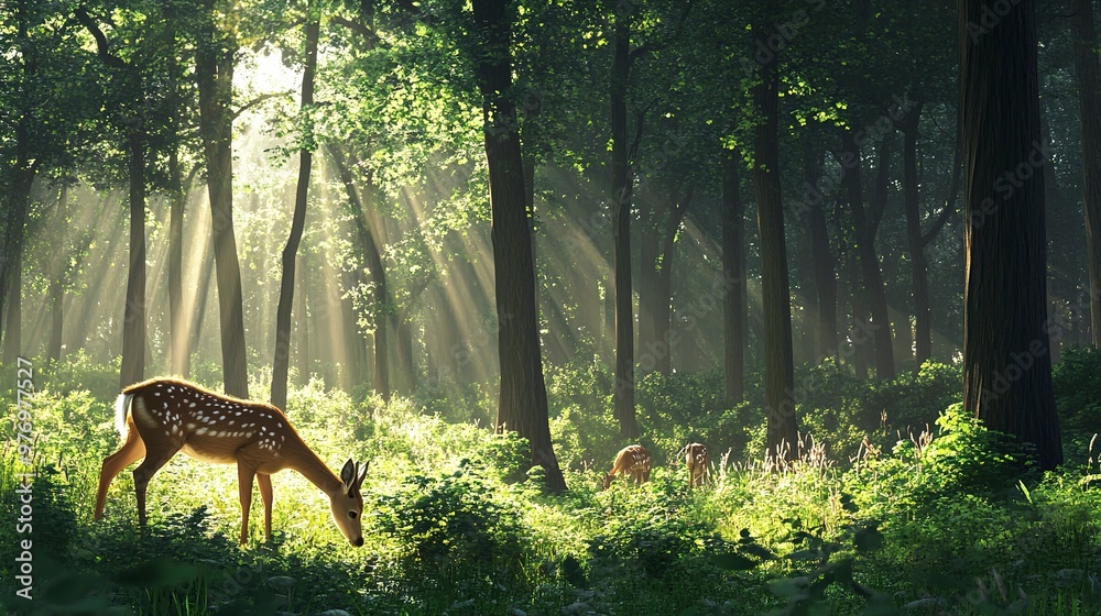 Poster a serene forest scene with deer grazing in soft light, surrounded by lush greenery and tall trees, e